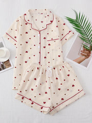 Heart Print Pajama Set Top & Shorts Elastic Waistband Women's Sleepwear