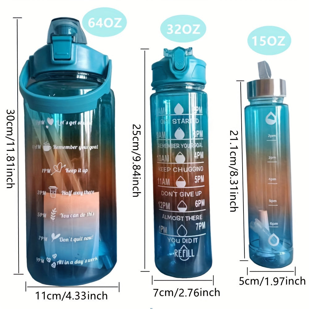 Gradient Leakproof Water Bottle with Time Marker and Straw Cup