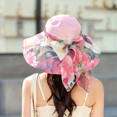 Flower Print Foldable Sun Hat Ribbon Bowknot Decor Bucket Hat UV Protection