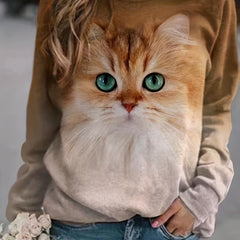 Cat Print Sweatshirt Casual Workout Crew Neck Long Sleeve Sweatshirt