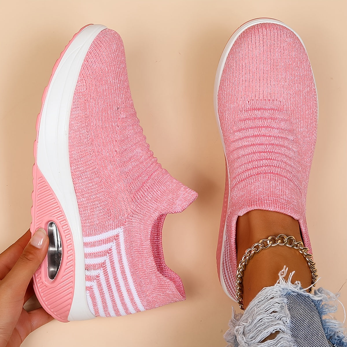 Women's Knit Slip On Sneakers Air Cushion Sole Low Top Sport Shoes