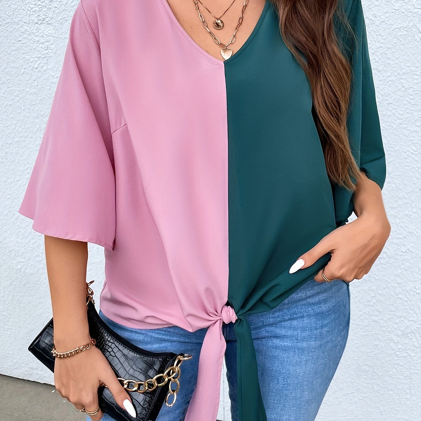  Colorblock V Neck Tunic Top