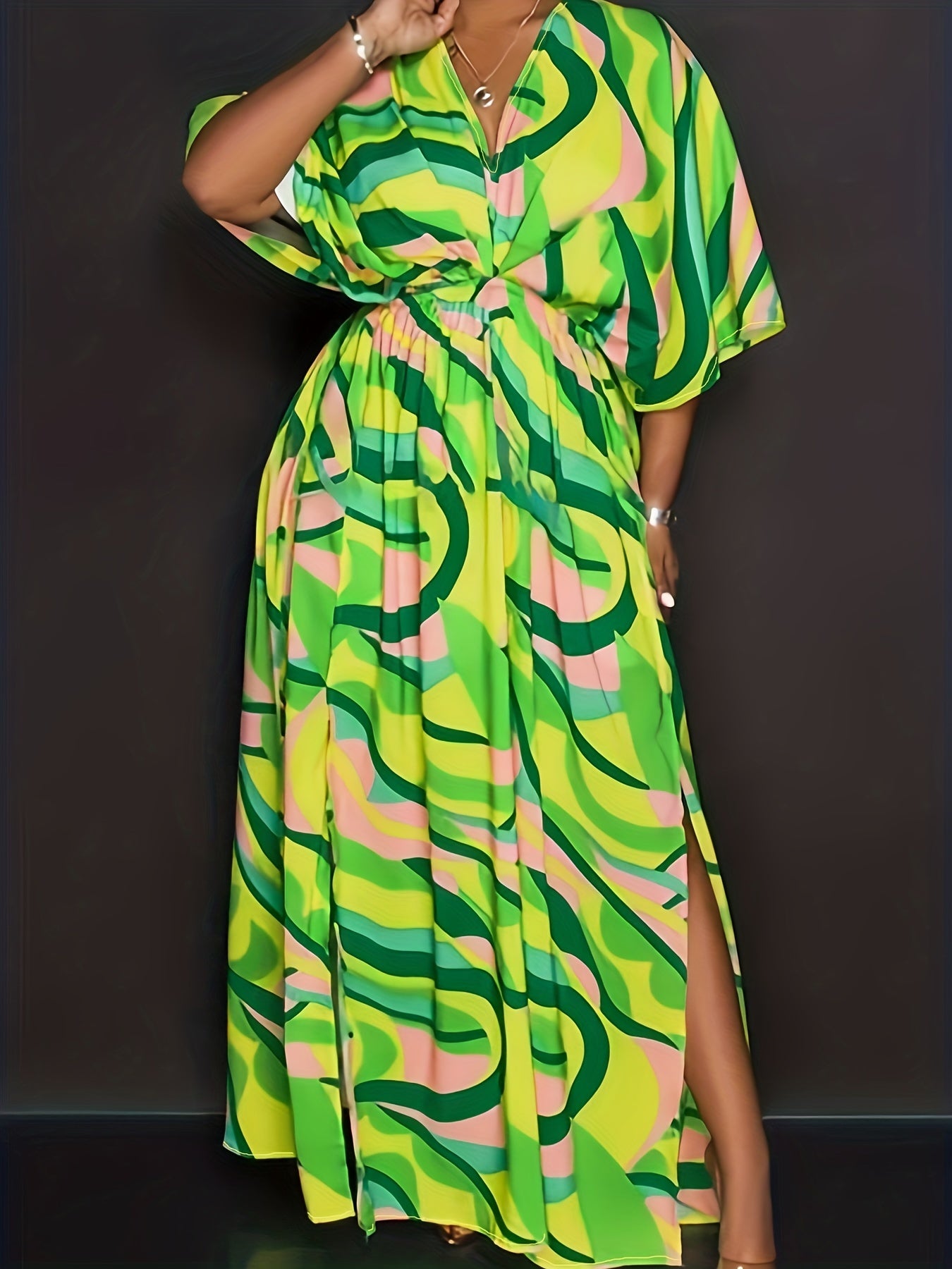  Maxi Dress - Stripe Print Batwing Sleeve V Neck Tie Back