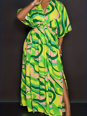  Maxi Dress - Stripe Print Batwing Sleeve V Neck Tie Back