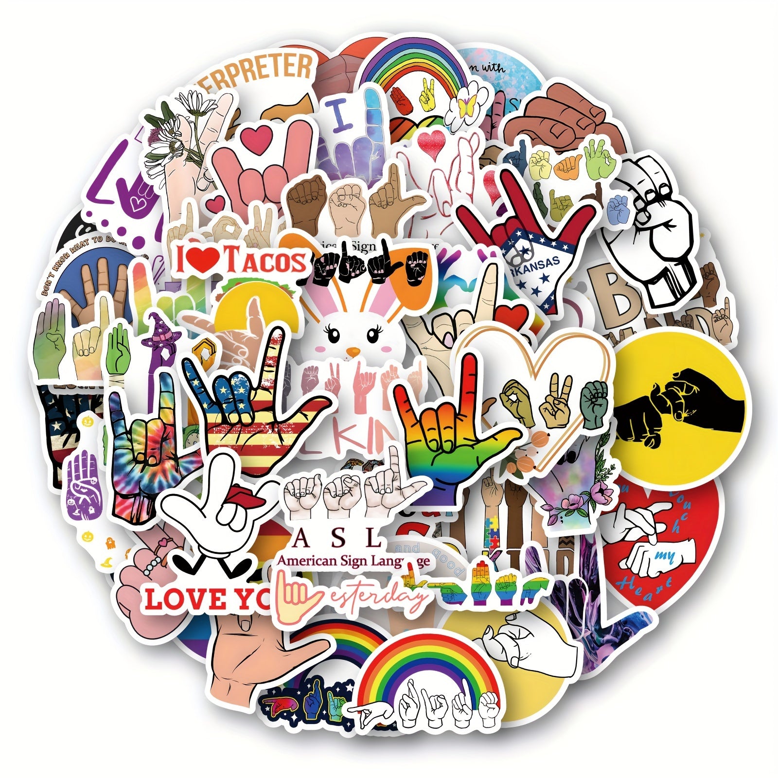 50pcs ASL Waterproof Vinyl Stickers for Water Bottle Laptop Luggage