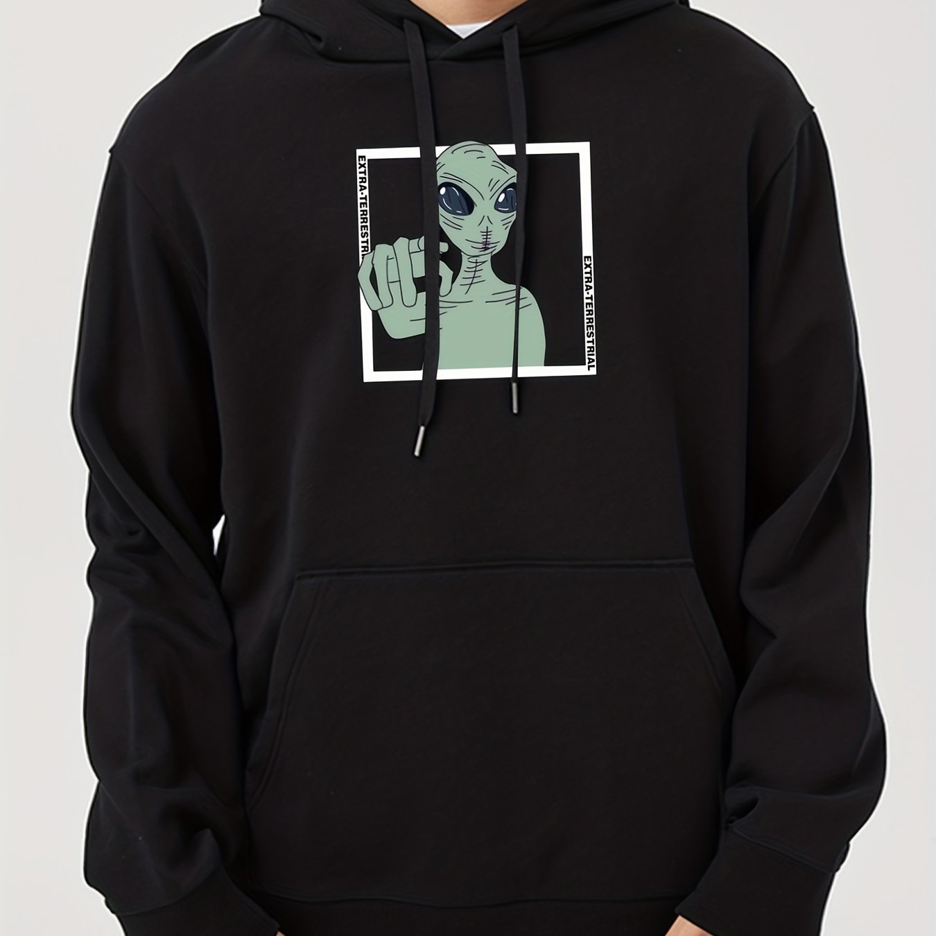 Men's Alien Print Hooded Sweatshirt Long Sleeve Drawstrings