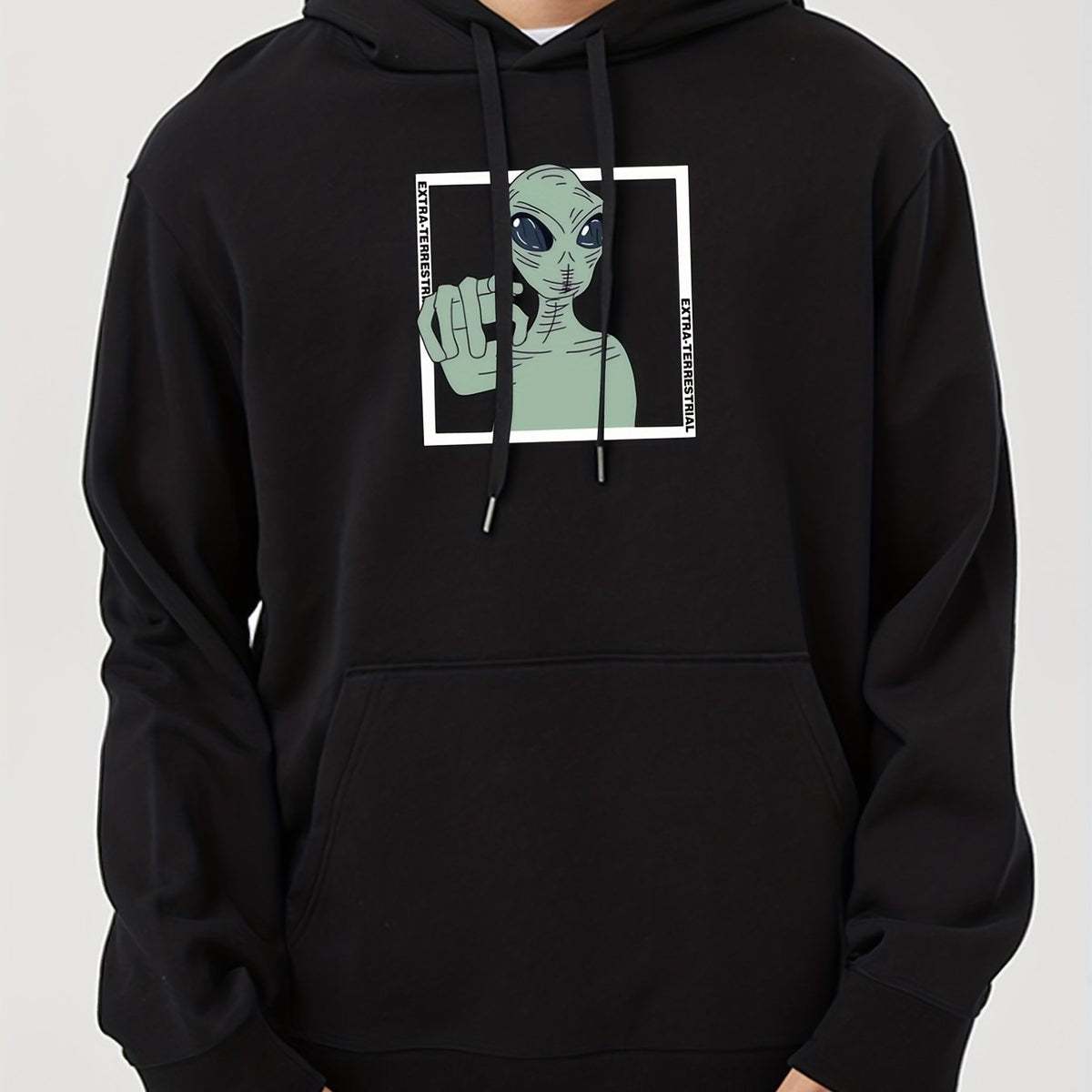Men's Alien Print Hooded Sweatshirt Long Sleeve Drawstrings