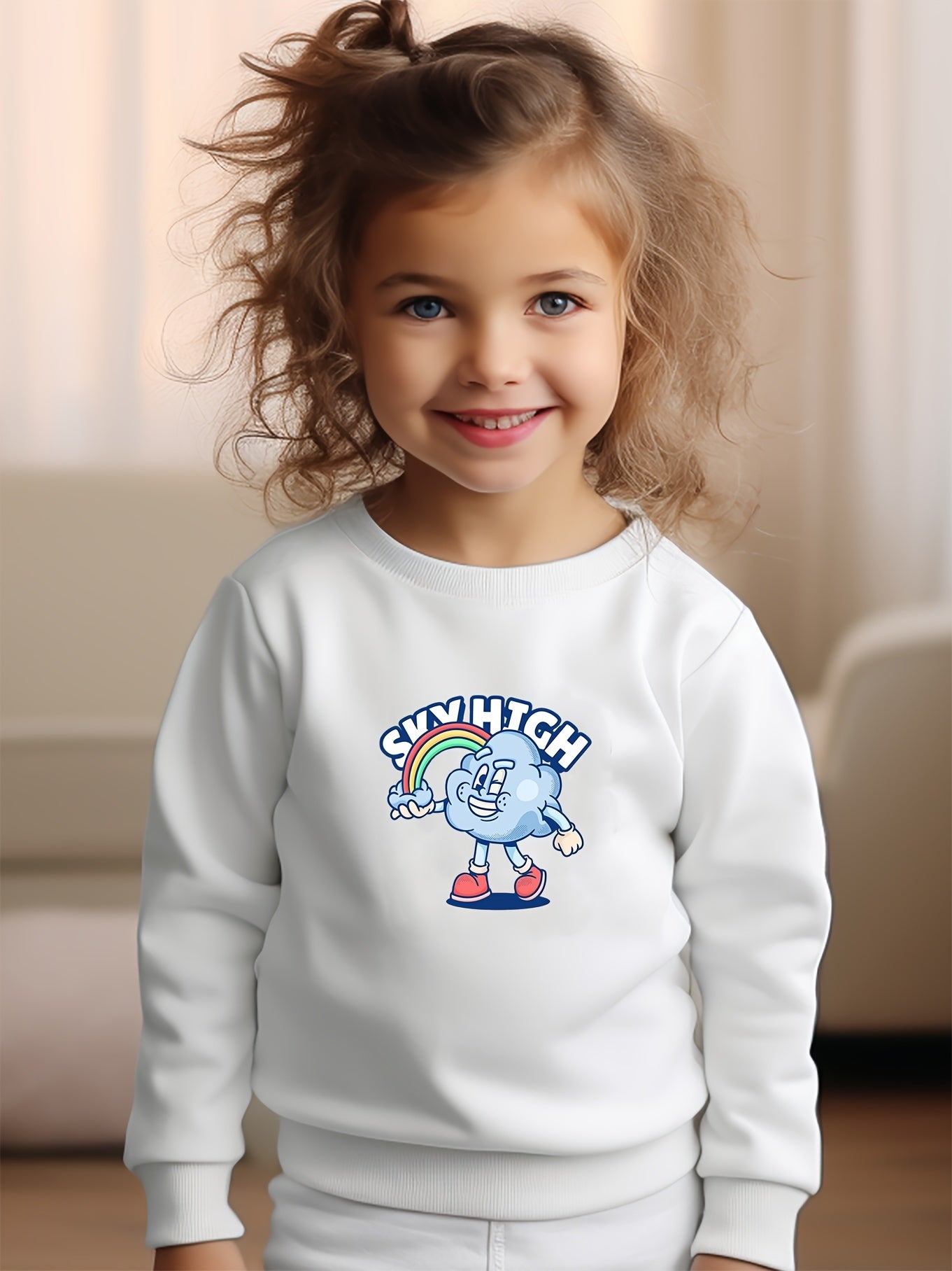 Girls Cloud Pattern Crew Neck Sweatshirt For Spring Fall