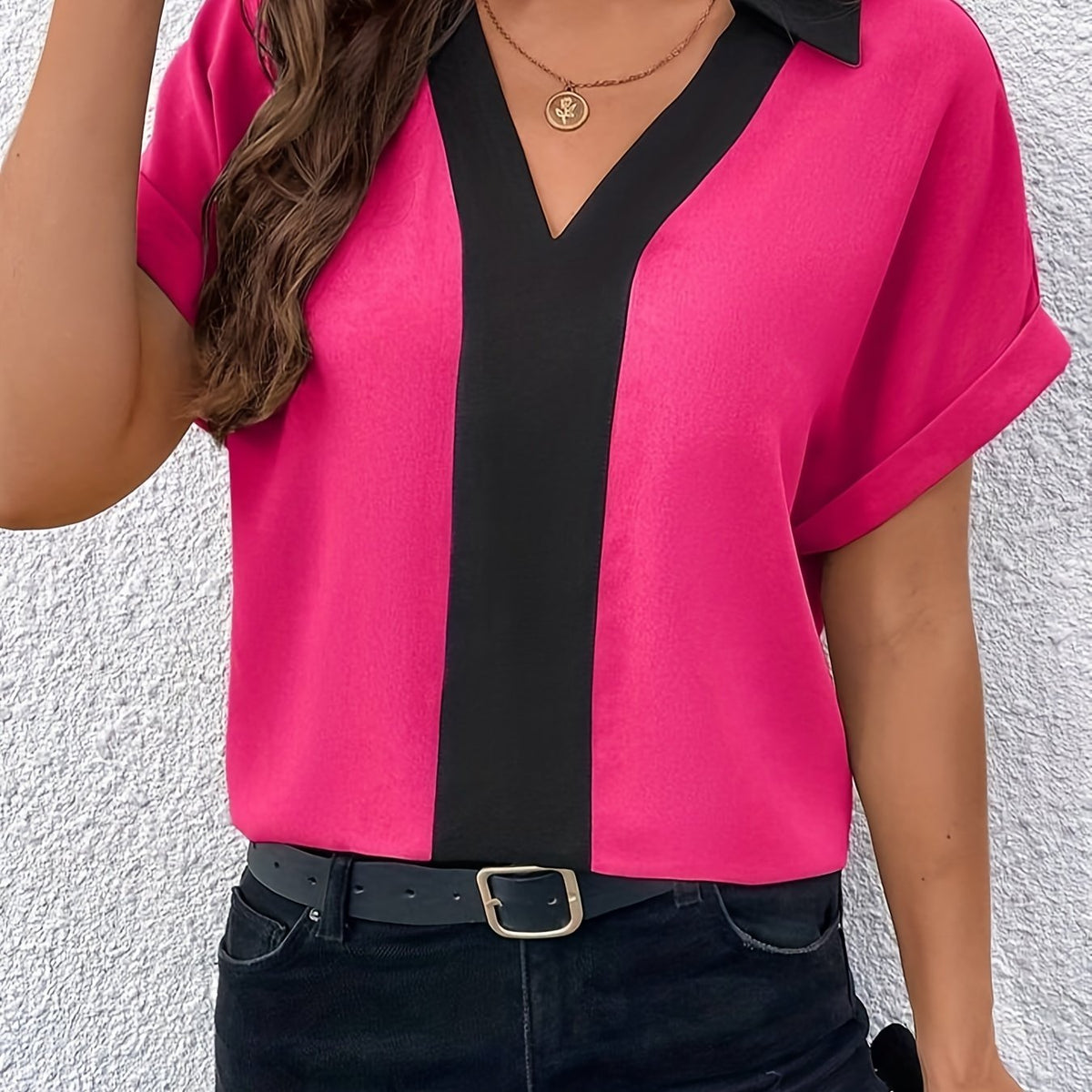  Colorblock Drop Shoulder Roll Up Batwing Sleeve V Neck Shirt Top
