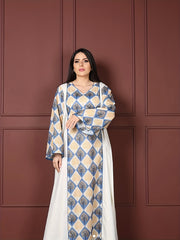  Modest Abaya Dress Contrast Argyle & Leaf Print Maxi