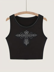 Rhinestone Graphic Print Crew Neck Tank Top