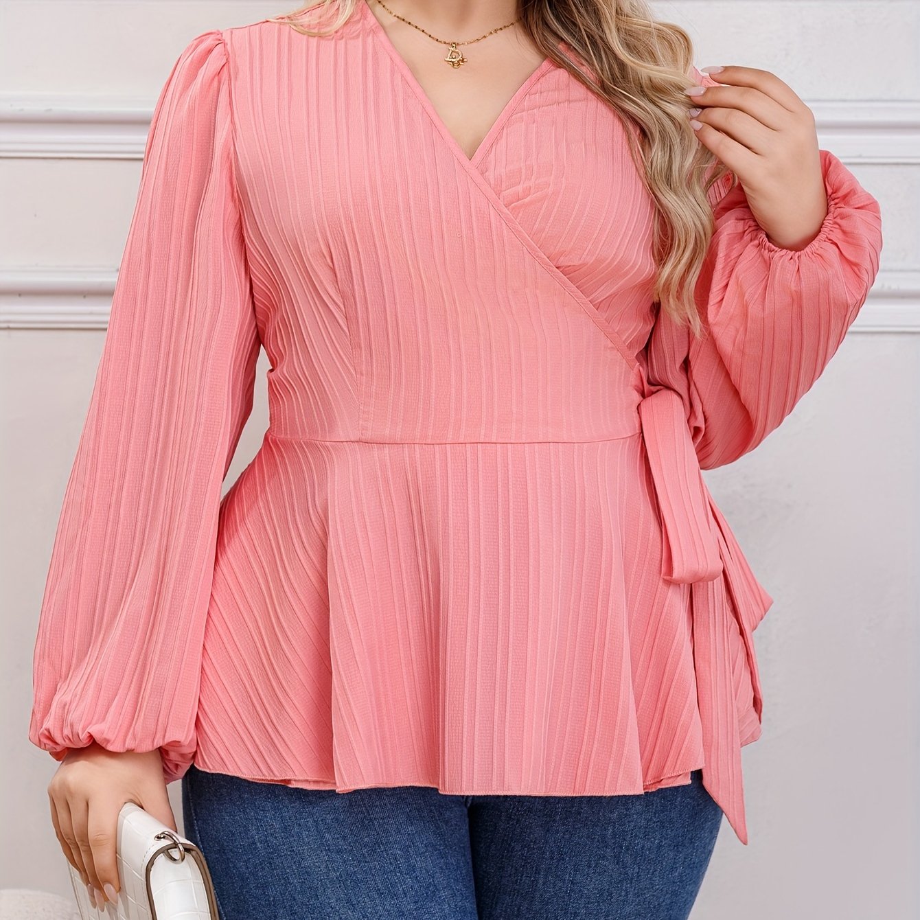  Ribbed Lantern Sleeve Peplum Shirt Top