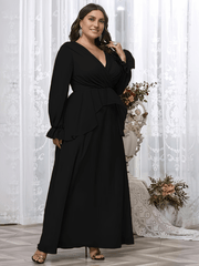  Solid Layered Flounce Sleeve Maxi Formal Dress