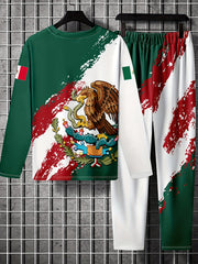 MEXICO Rooster Pattern Mens 2 Piece Outfits Long Sleeve T-shirt