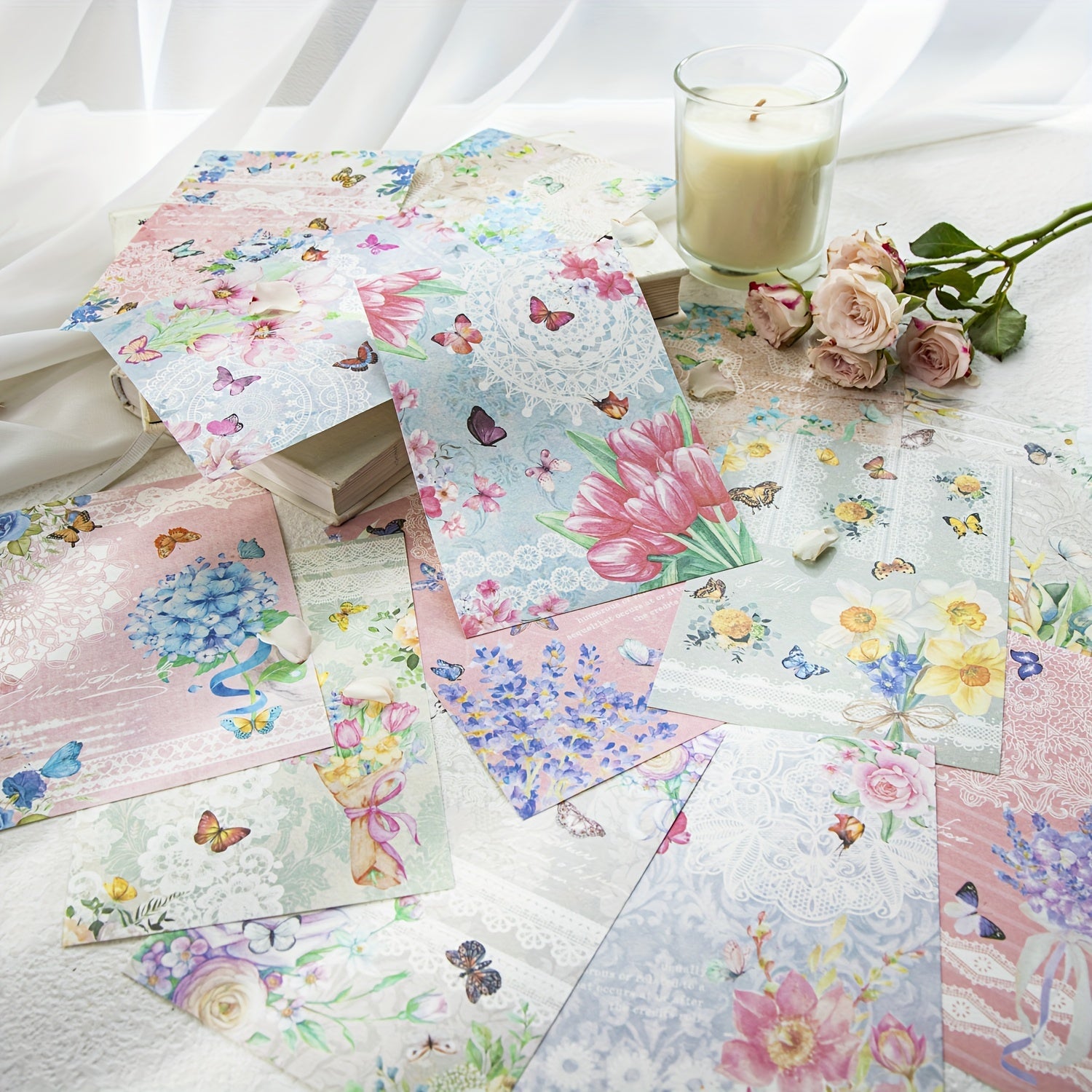 30pcs Vintage Flower Butterfly Paper Retro Lace Journal Collage Background
