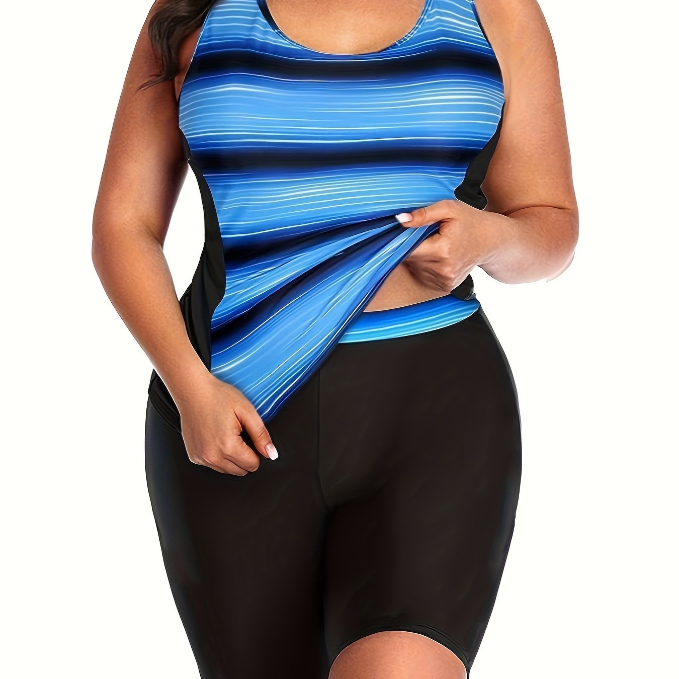  Striped Tankini Set Women's Sporty Racer Back Top & Shorts Swimsuit