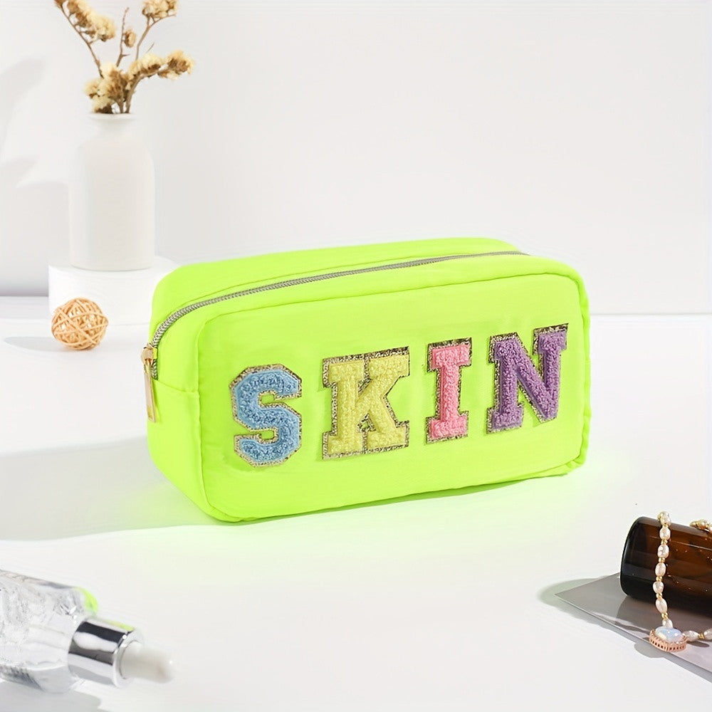 Plush Letter Print Zipper Makeup Pouch Portable Cosmetic Bag