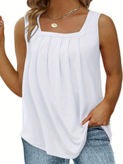  Casual Tank Top Solid Square Neck Pleated Tank Top