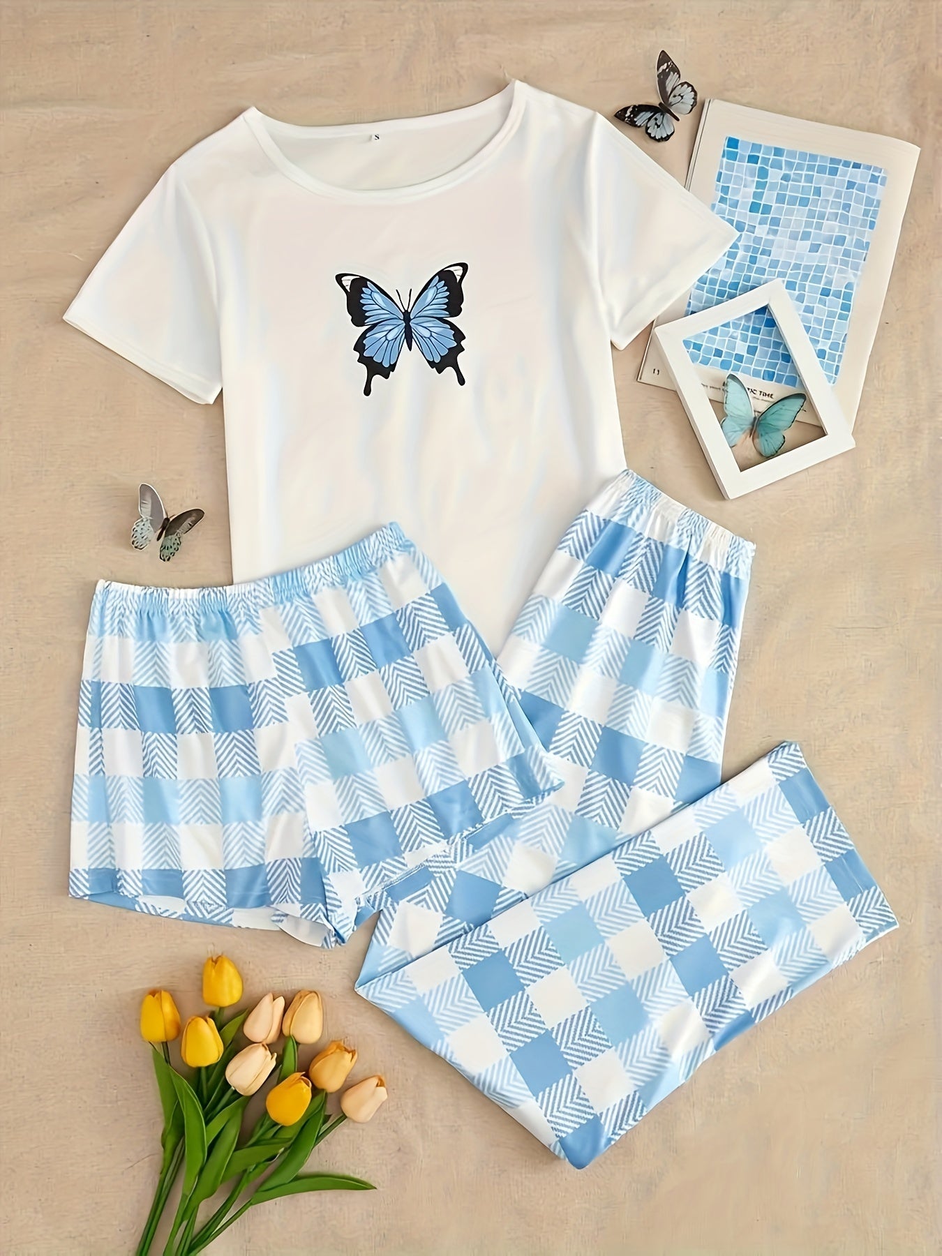  Butterfly Print Tee & Plaid Shorts Set