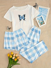  Butterfly Print Tee & Plaid Shorts Set