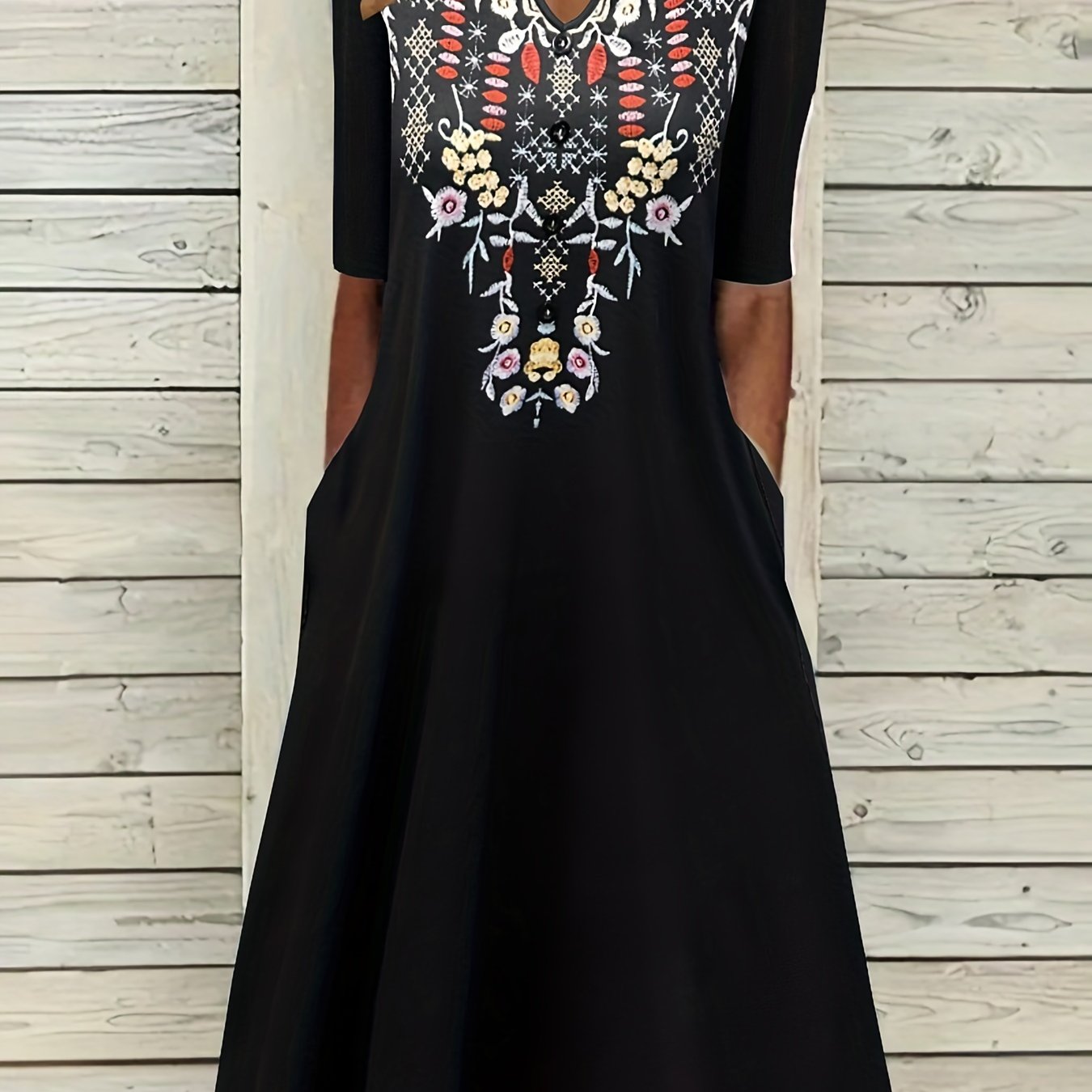 Plus Size Boho Dress Women's Plus Floral Embroidered Half Sleeve Dress