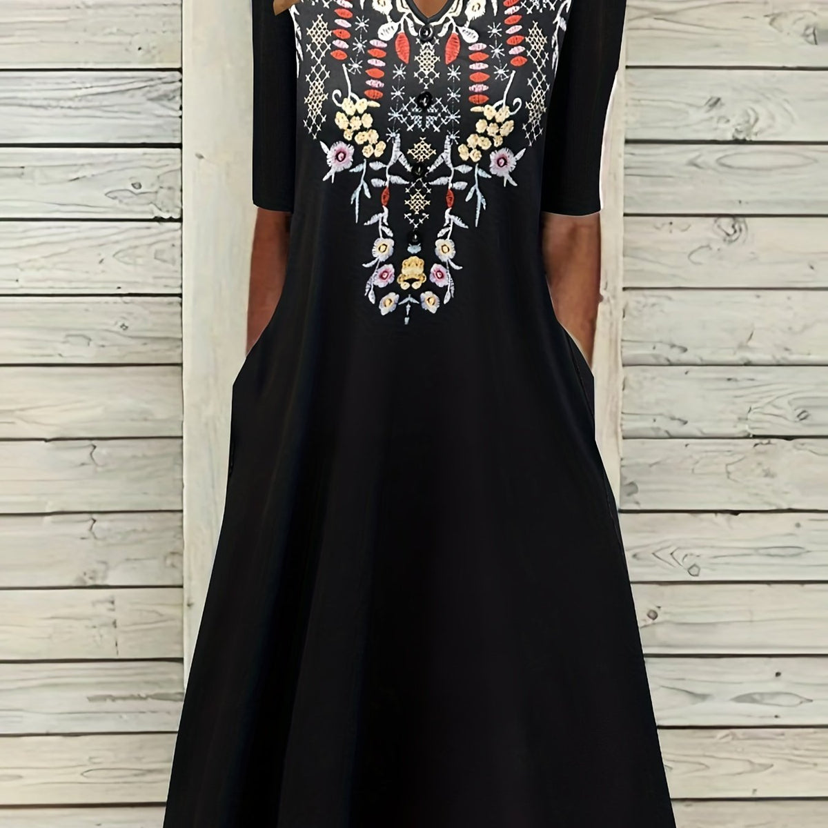 Plus Size Boho Dress Women's Plus Floral Embroidered Half Sleeve Dress