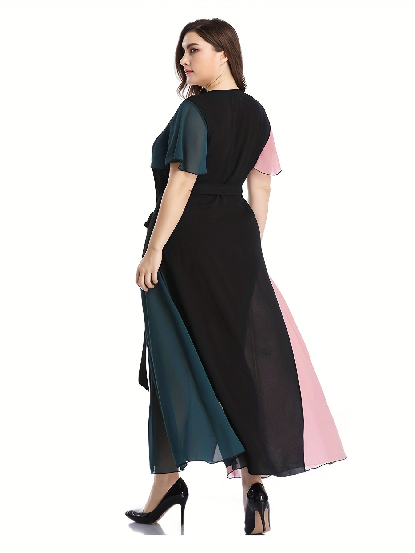 Colorblock Flutter Sleeve V Neck Maxi Dress With Belt