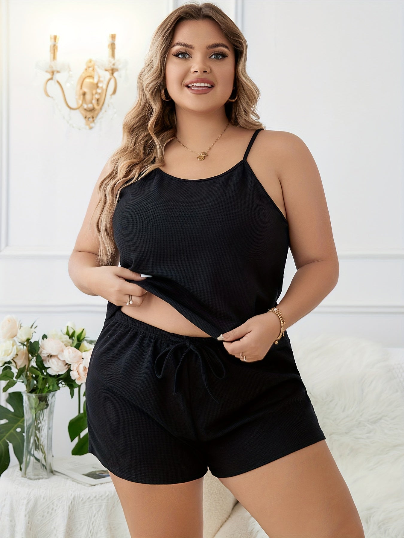  Waffle Knit Cami Top & Tie Shorts Pajama Set