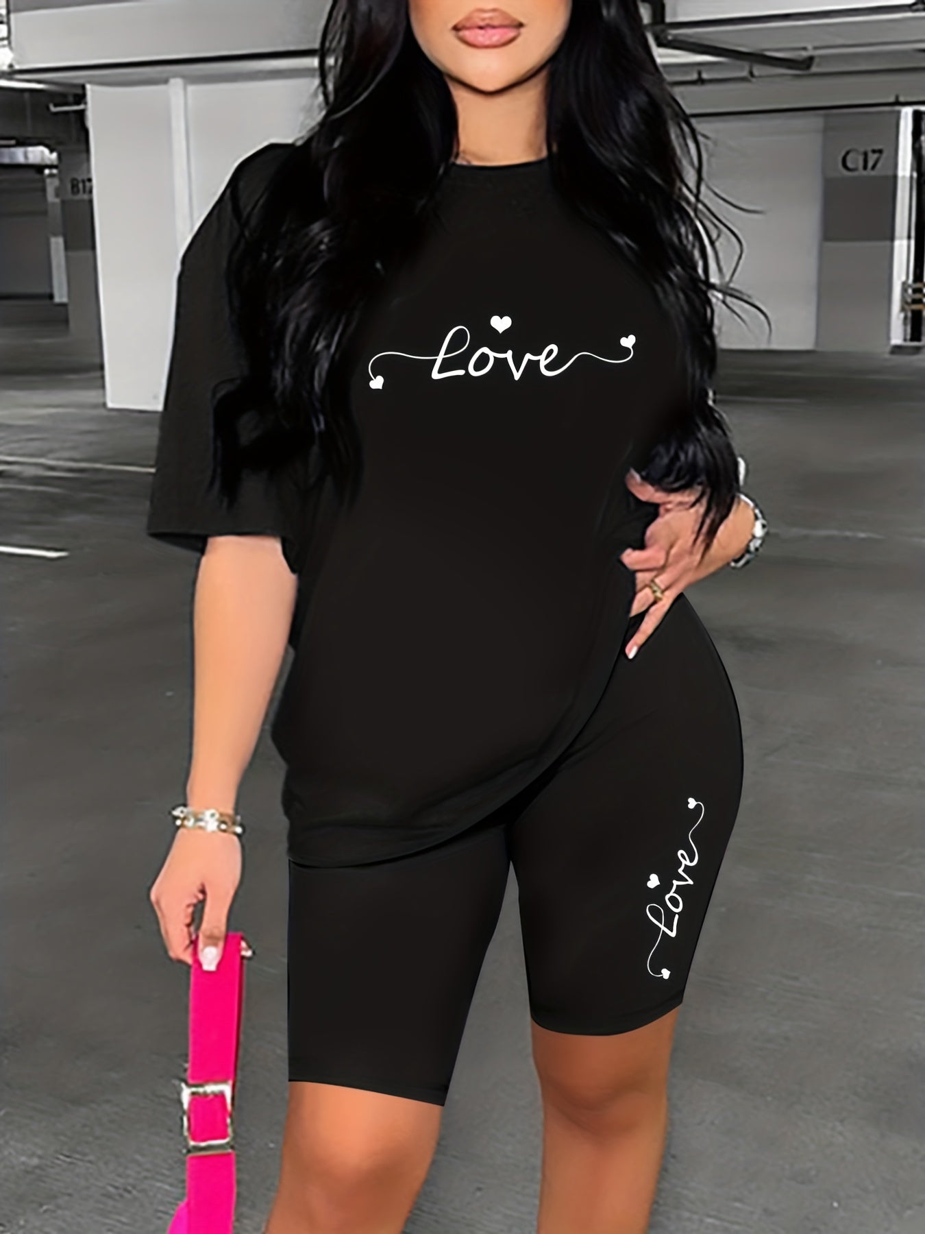 Letter Print Lounge Set Short Sleeve Top & Biker Shorts Women's Pajamas