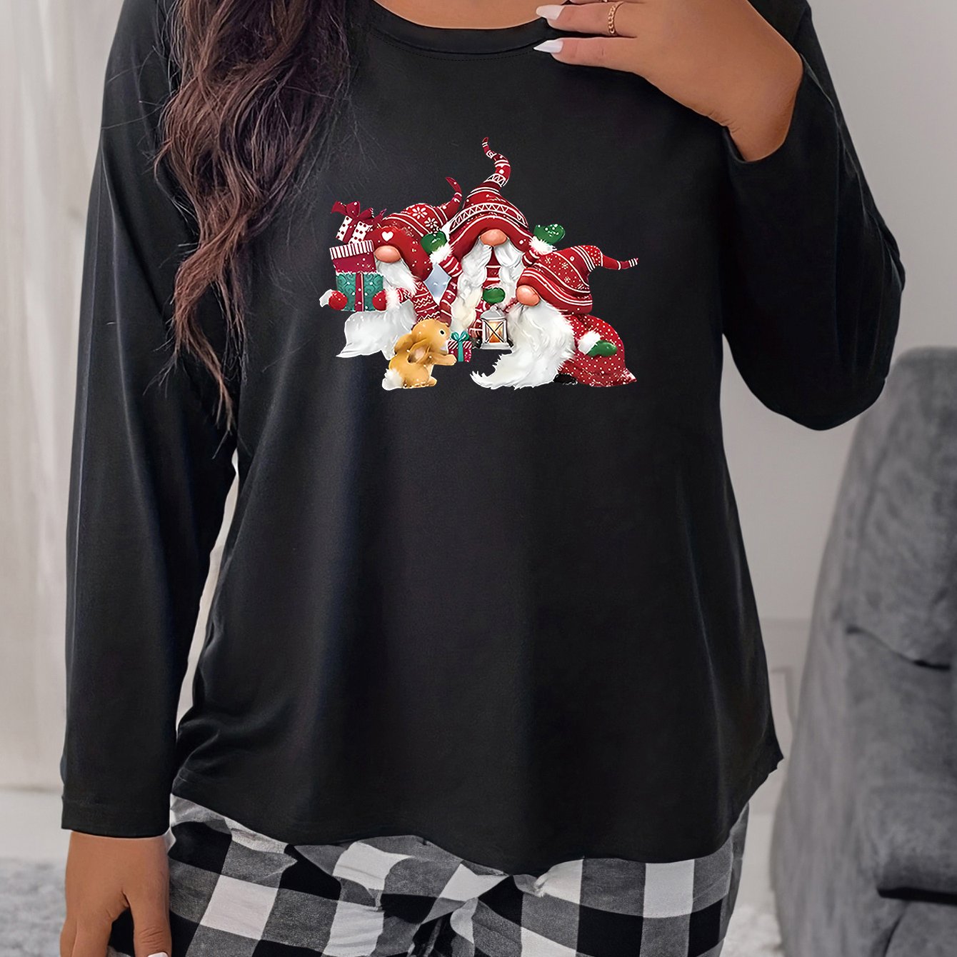 Christmas Gnomes & Rabbit Print Long Sleeve Round Neck Tee