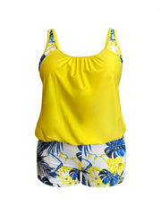  Colorblock Tankini Set Tropical Print Round Neck Swimsuit 2-Piece