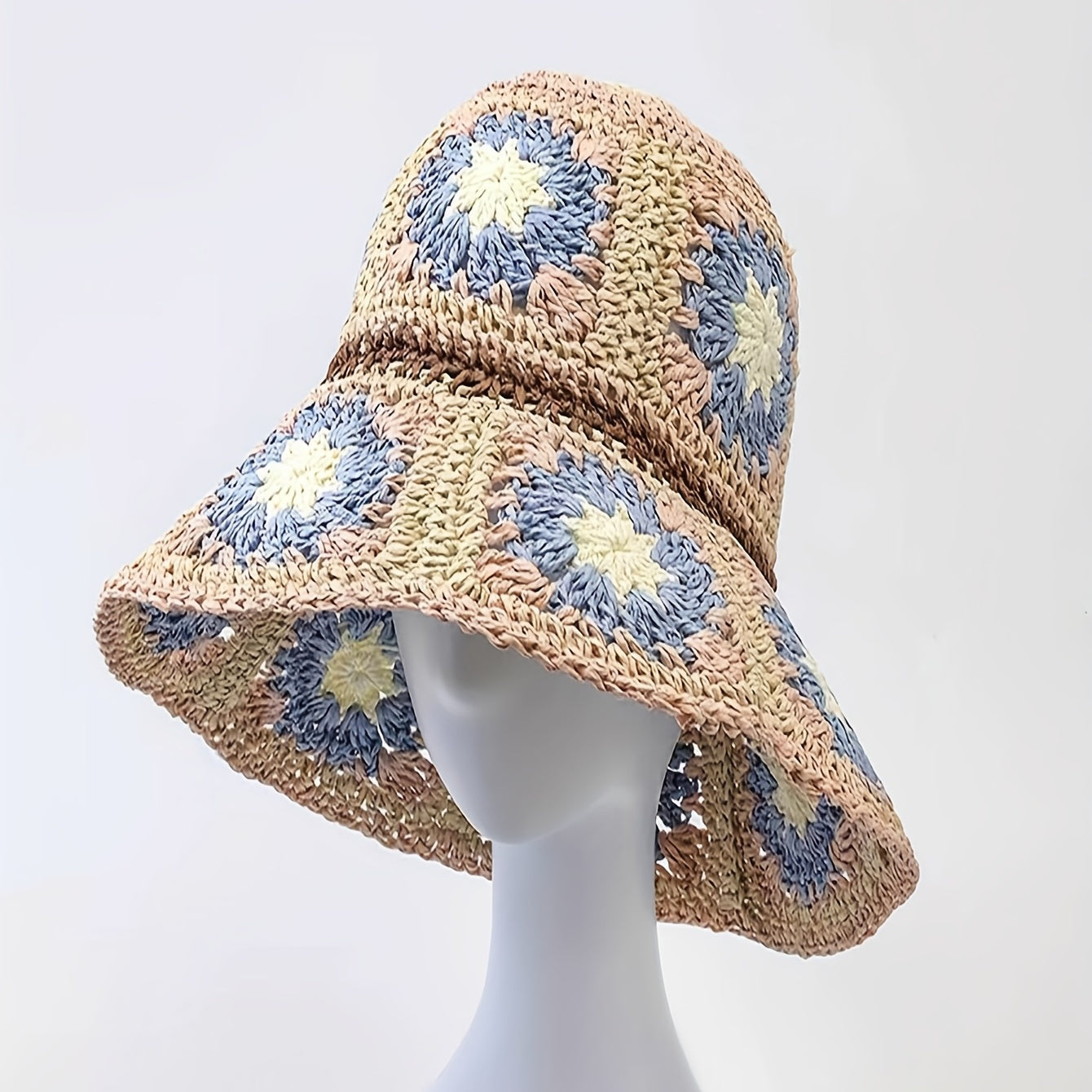Boho Crochet Bucket Hat With Brim Hollow Out Straw Sun Hat