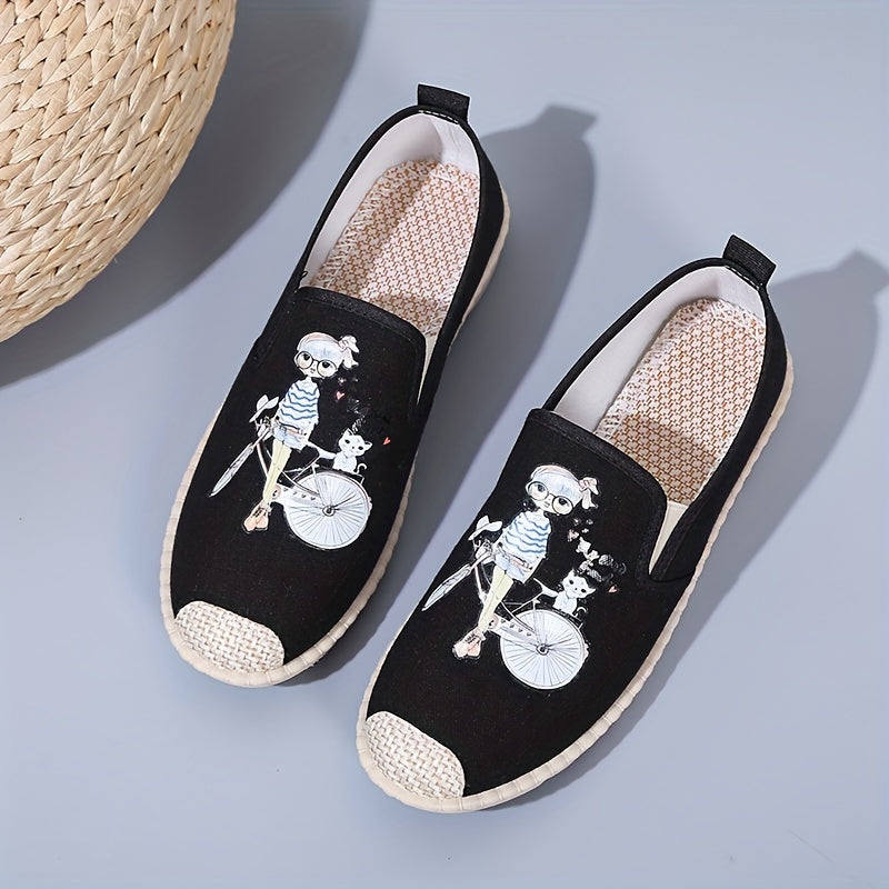 Women's Cartoon Print Flat Loafers Linen Slip On Canvas Shoes