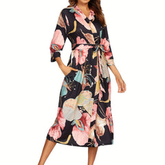 Floral Print Lounge Dress & V Neck Home Dress
