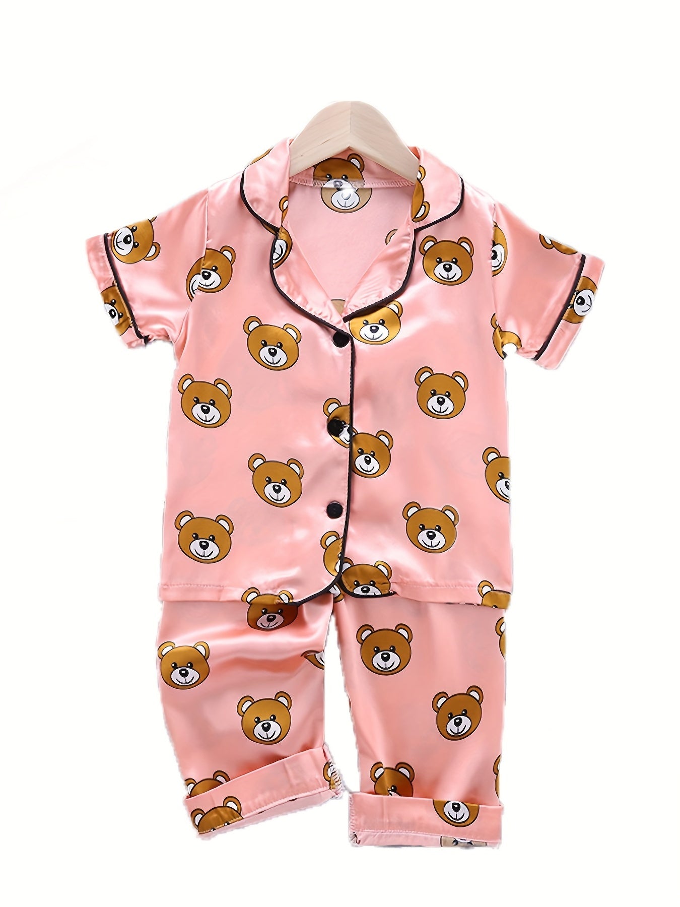Bear Pattern Girl's Satin Pajamas Button Front Top & Shorts Set