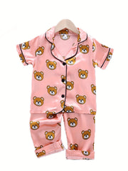 Bear Pattern Girl's Satin Pajamas Button Front Top & Shorts Set