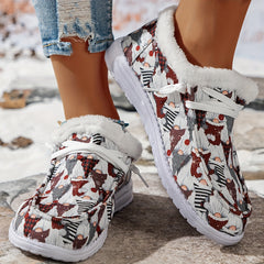 Christmas Print Snow Boots Women's Winter Lace-Up Flats Sneakers