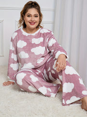  Loungewear Set Women's Plus Claud Pattern Flannel Top & Pants