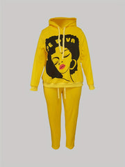  Cartoon Print Hoodie & Pants Set