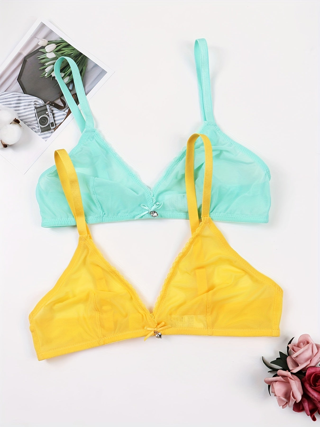 2pcs Mesh Unlined Bras Sheer Wireless Bra Women's Lingerie