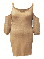  Casual Dress Women's Plus Solid Cable Cold Shoulder V Neck Dress