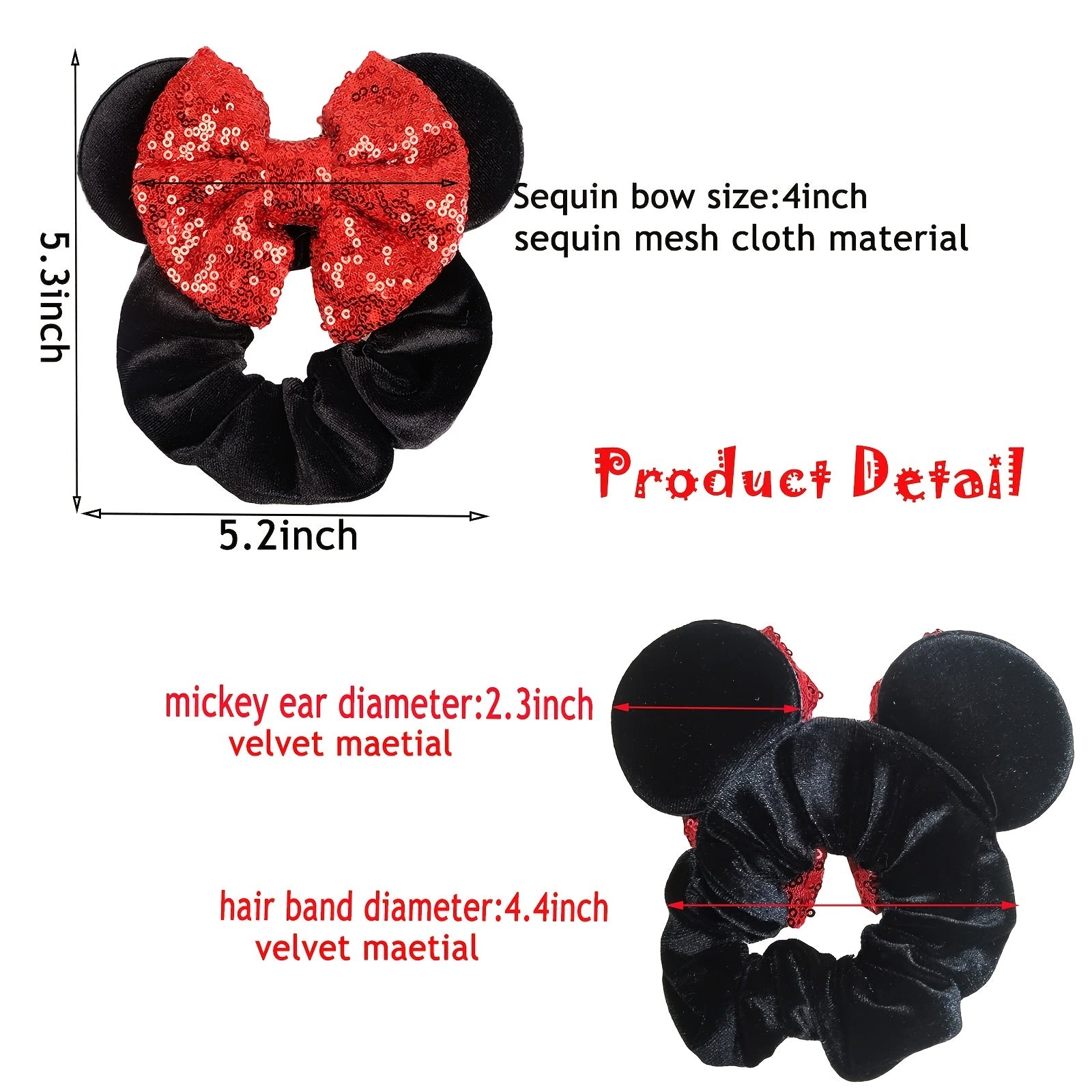 6pcs Mouse Ears Velvet Sparkle Sequin Bows Hair Scrunchies