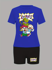  Cartoon Figure Print Short Sleeve Top & Shorts Outfits Set