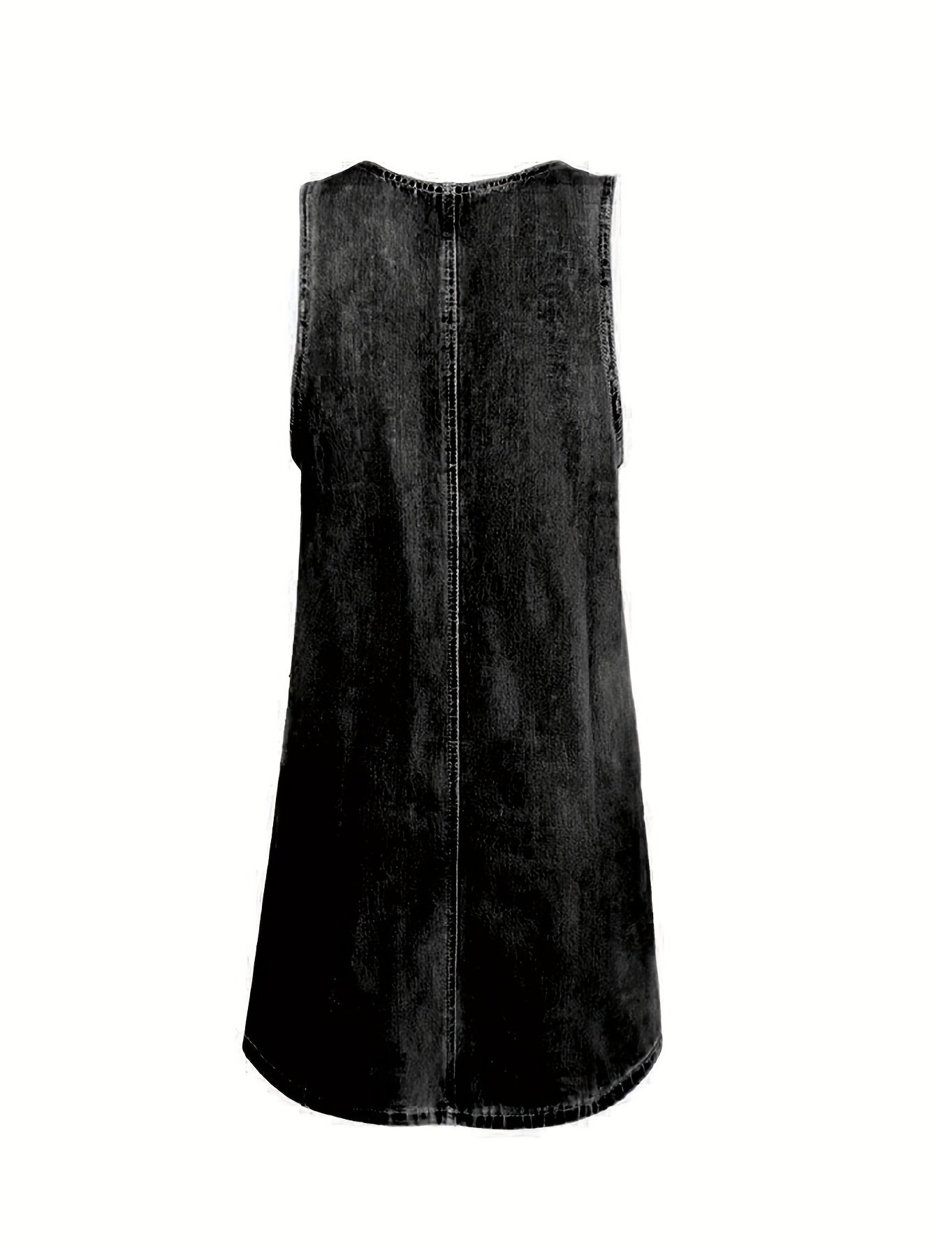 Loose Fit Denim Dress Round Neck Patch Pockets Adjustable Strap