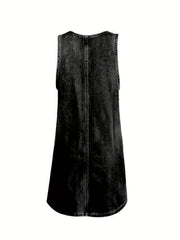 Loose Fit Denim Dress Round Neck Patch Pockets Adjustable Strap