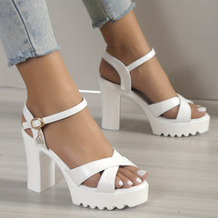 Women's Block Heel Sandals Ankle Buckle Strap Summer Cross Strap Heels