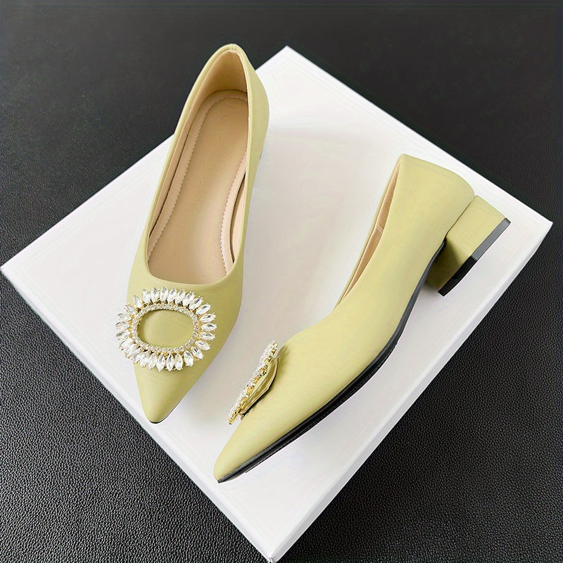 Rhinestone Slip On Point Toe Chunky Heel Shoes
