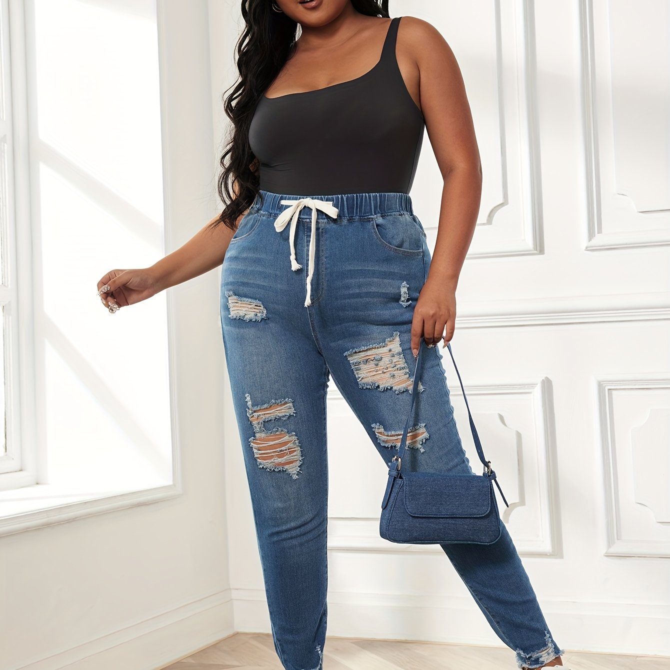  Ripped Tie Elastic Waist High Stretch Skinny Denim Pants