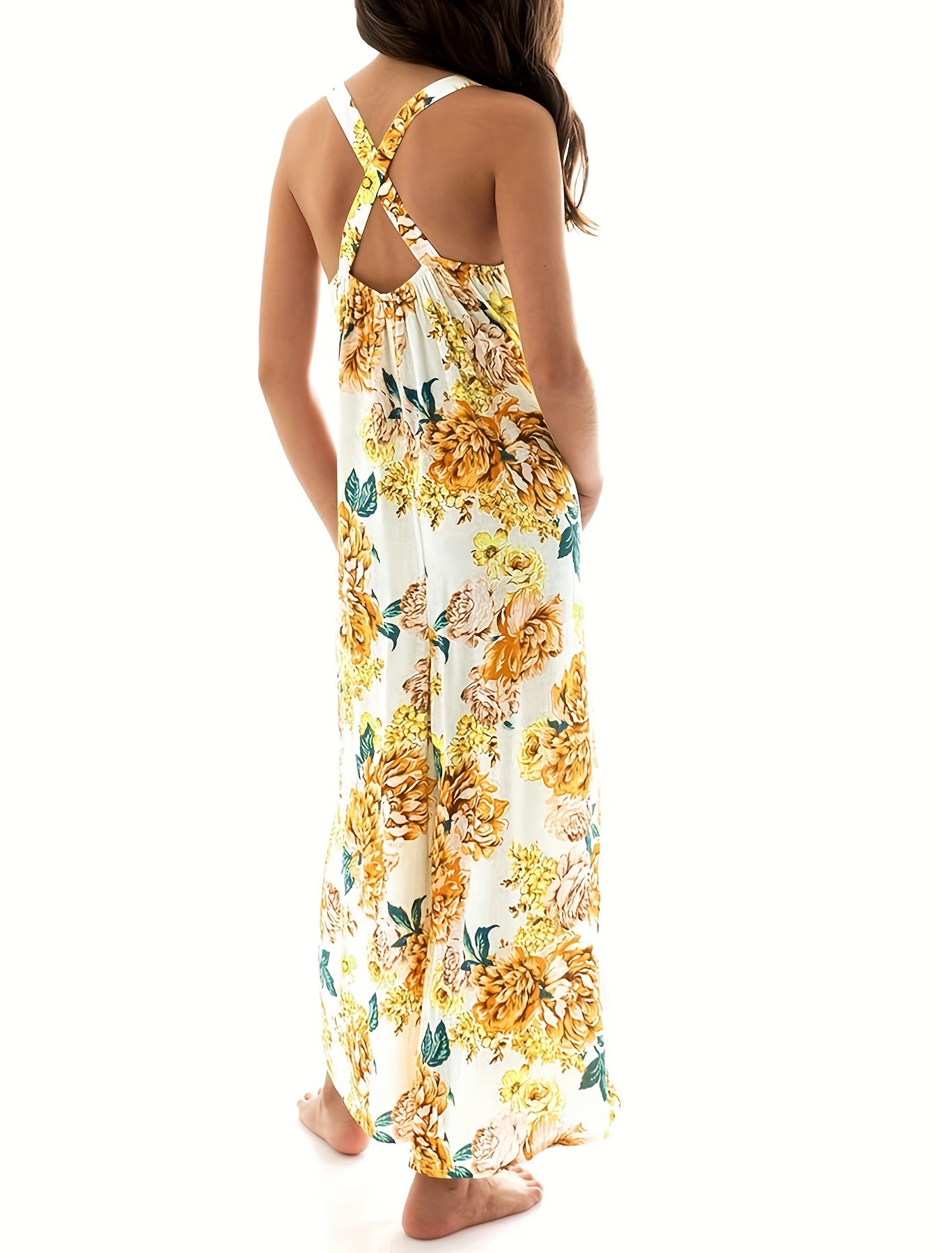 Girls Boho Floral Maxi Backless Jumpsuit Teen Wide Leg Rompers