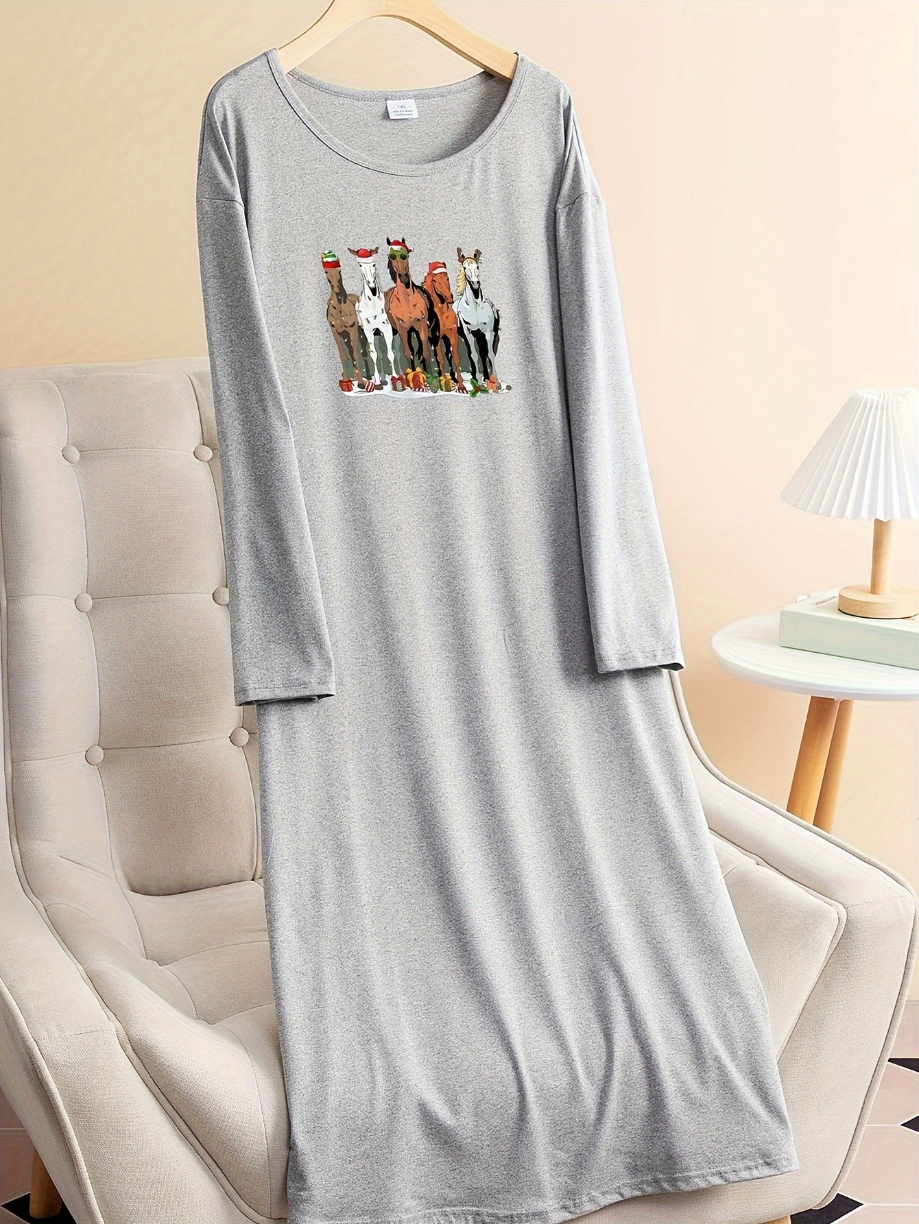  Christmas Casual Lounge Dress Women's Plus Horse Print Long Sleeve